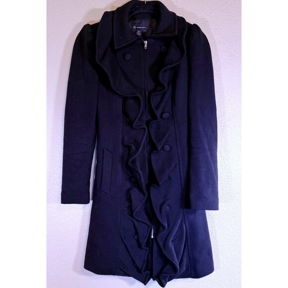 International Concepts INC Size Small Women’s Black Ruffle Coat Belted - Picture 1 of 9